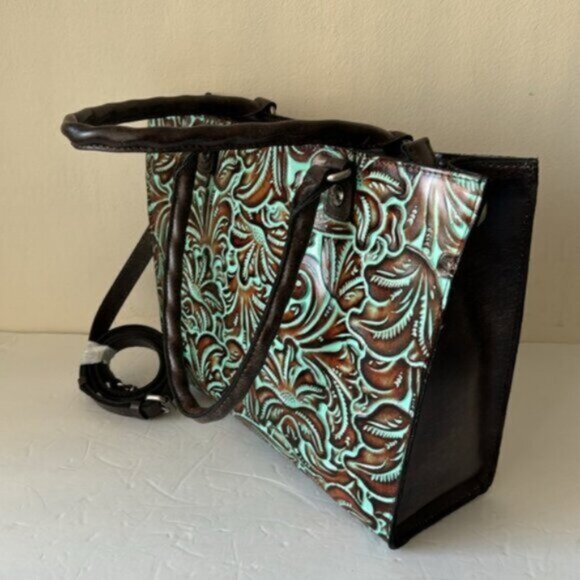 Patricia Nash Zancona Leather Front Tooled Turquoise Shoulder Handbag Xbody - Picture 5 of 12